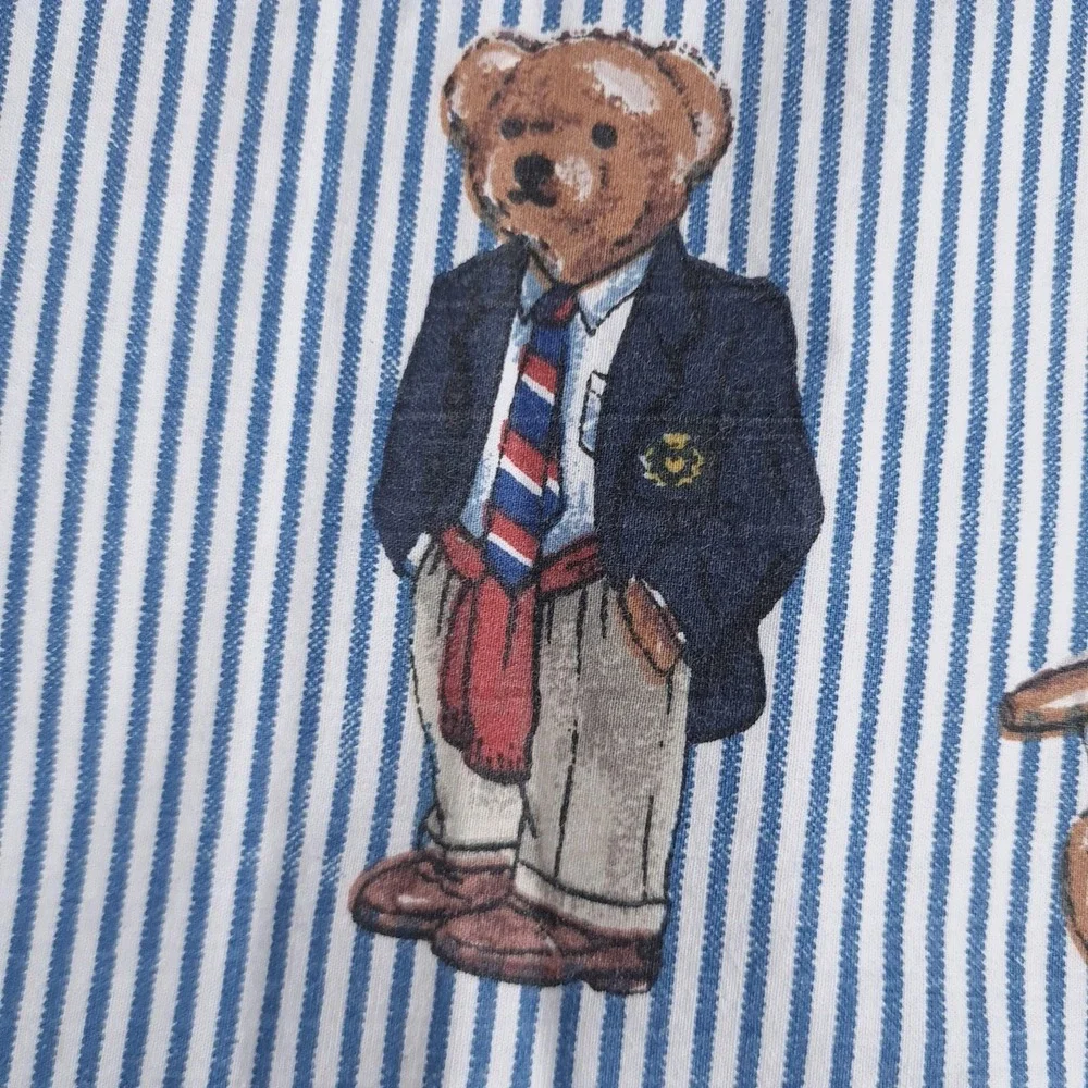 Ralph Lauren Polo Bear Pillowcase Flat Sheet 2 Piece Set Twin Blue Striped Rugby